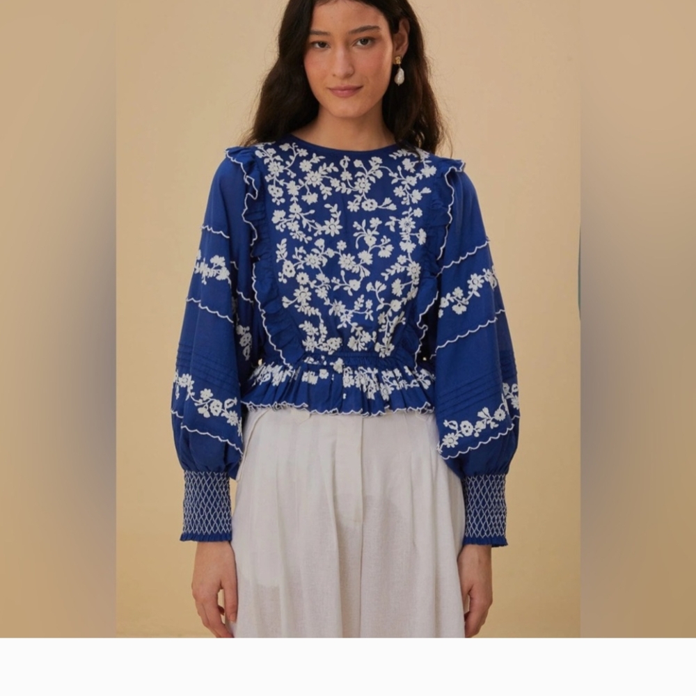 Blue Floral Embroidered Women's Top